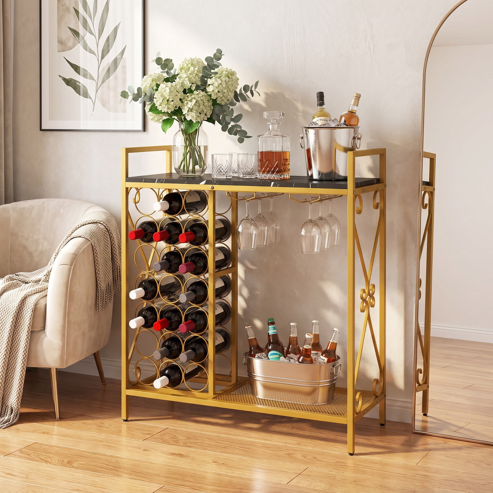RUIE 21 Bottle Freestanding Wine Rack, Floor Wine Bottle Organizer with Glass Holder, Metal Wood Storage Shelf for Kitchen Dining Room - Black Golden