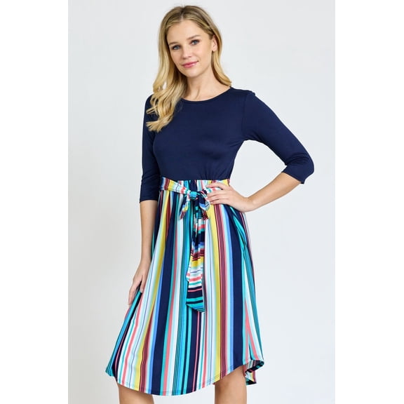 Vivid 3/4 Sleeve Multi Color Stripe Sash Midi Dress | S-3X