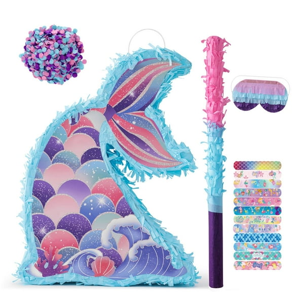 VINTS Mermaid Piñata with Blindfold and stick,Mermaid Tail Pinata for Mermaid Theme Parties,Girls Kids Under the Sea Ocean Theme Birthday Party Decorations(15.94×11.81×3.15 in)