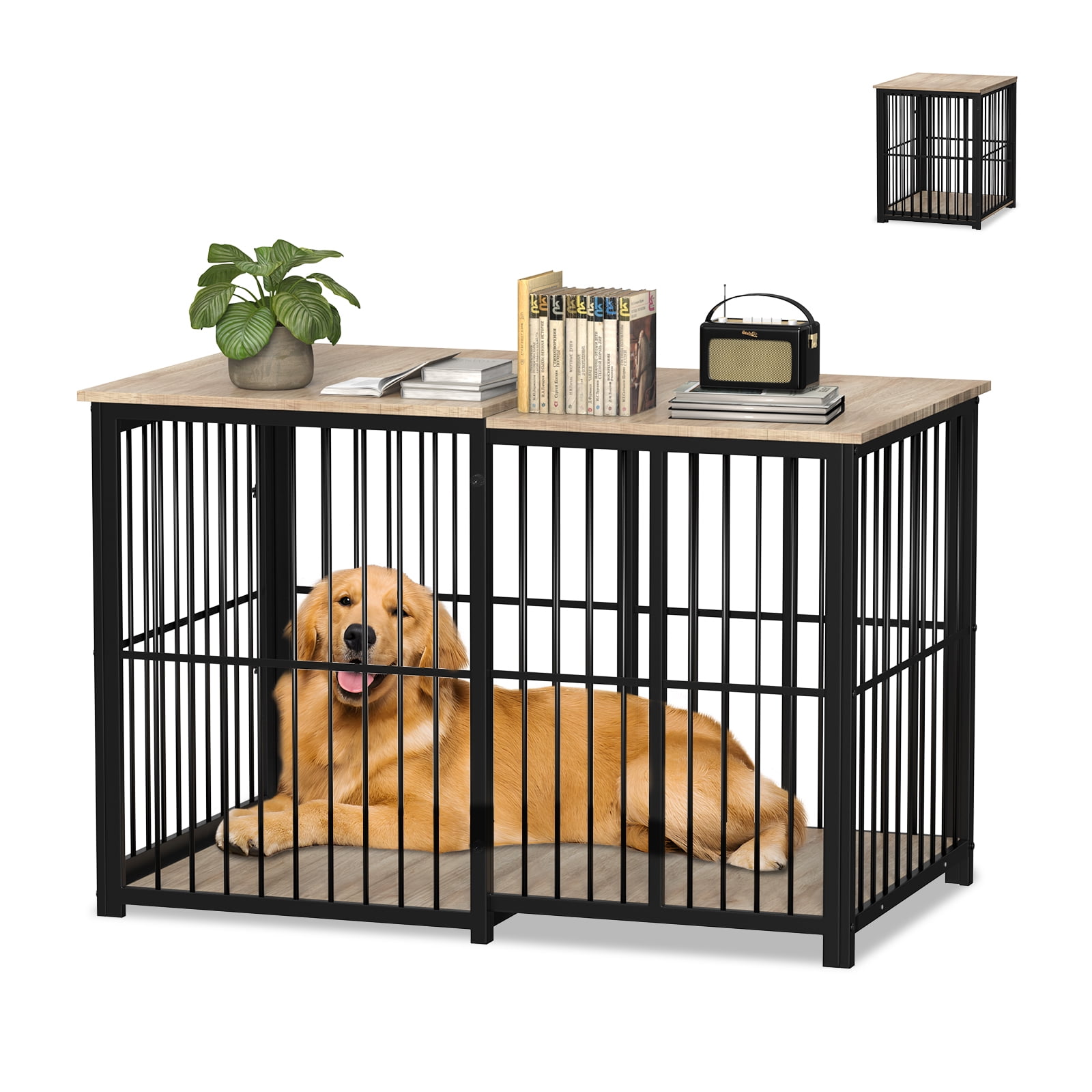 Erinnyees Large Dog Crate Furniture, Retractable Dog Kennel Furniture, Wooden Large Dog Kennel Indoor, Heavy-Duty Dog Cage Furniture with 3 Levels of Adjustable Size,45.6" L