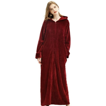 Women s Soft and Warm Hooded Fleece Robe with Zipper Plush Bathrobe Ladies Sleepwear Pajamas Housecoat Nightgown