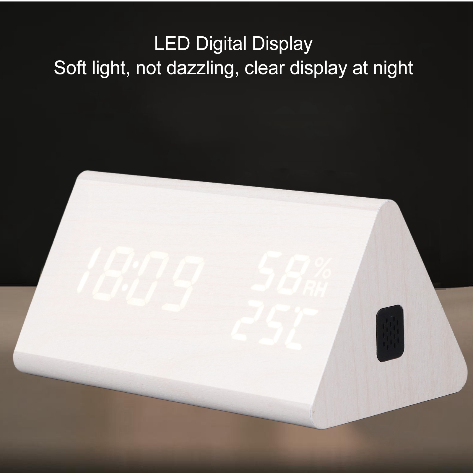 Riousery LED Digital Alarm Clock Multipurpose Wooden Voice Control Temperature Humidity Display 6.69 inches / 17 cm (White Wood)
