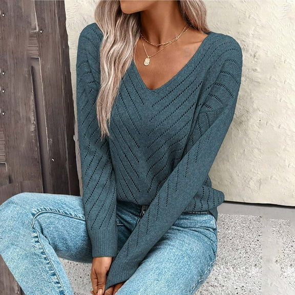 OKSALE Knitted Sweaters for Women Casual Hollow Out Sweater Deep V Neck Jumpers Cozy Long Sleeve Pullover Solid Color Jumper Fall Tops