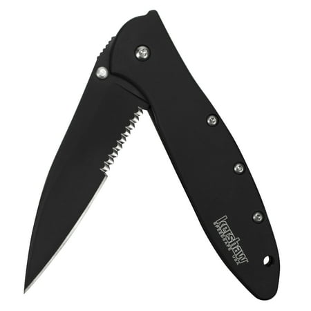 Kershaw Leek, Black Serrated Pocket Knife (1660CKTST); 3” Partially Serrated 14C28N Steel Blade, 410 Stainless Steel Handle, DLC Coated; SpeedSafe Open, Liner and Tip Lock, Reversible Pocketclip; 3