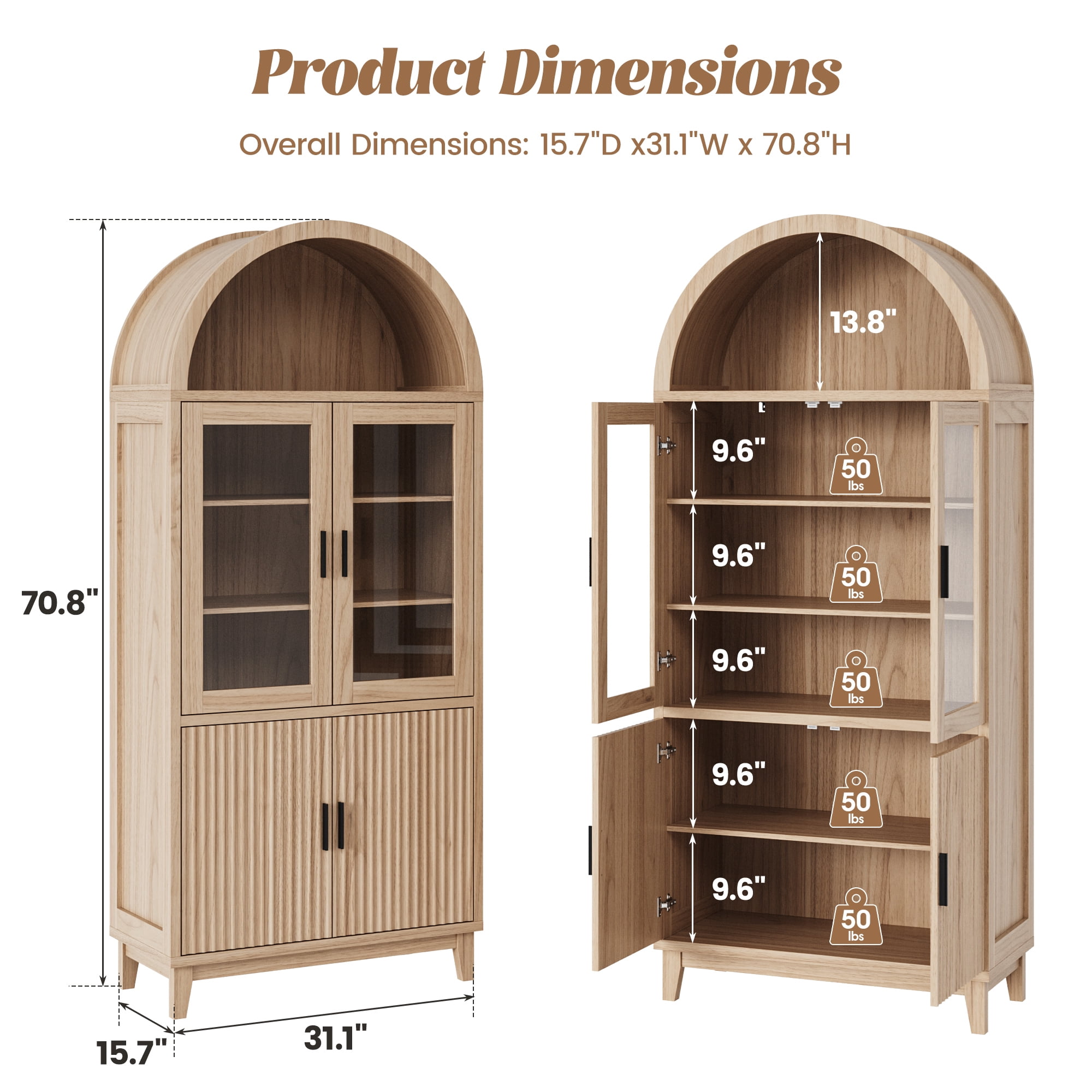 VEANERWOOD 71" Tall Arch Cabinet, Wood Fluted Kitchen Kitchen Storage Cabinet with 4 Doors and 6 Shelves for Dining Room Living Room