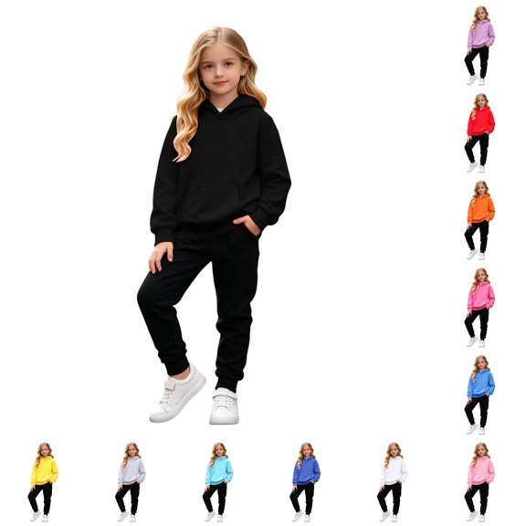 Ulitacool Girl's Outfits Round Neck Solid Color Long Sleeve Tracksuit Hoodie Pants Classic Toddler Clothing 4-5 Years Black