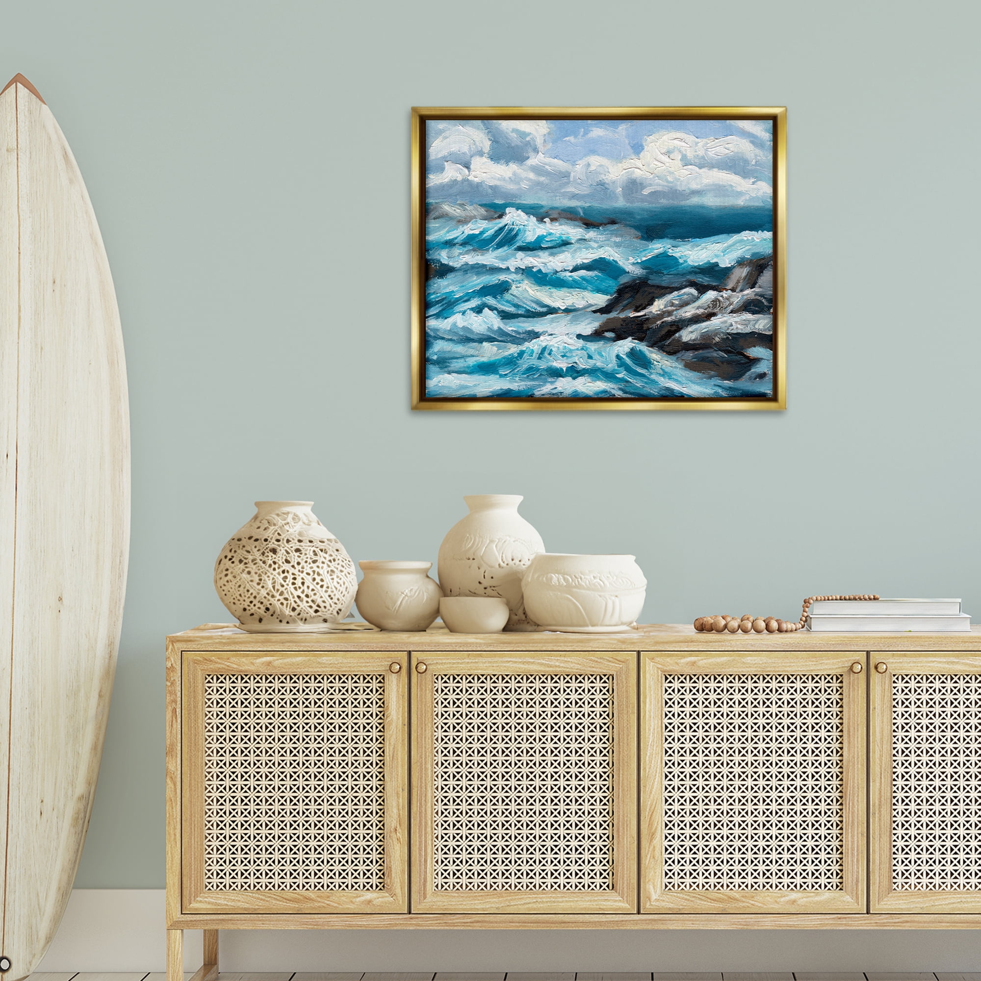 Stupell Industries Rough Sea Waves Splash Nautical & Beach Painting Gold Floater Framed Canvas Art Print Wall Art, 31 x 25