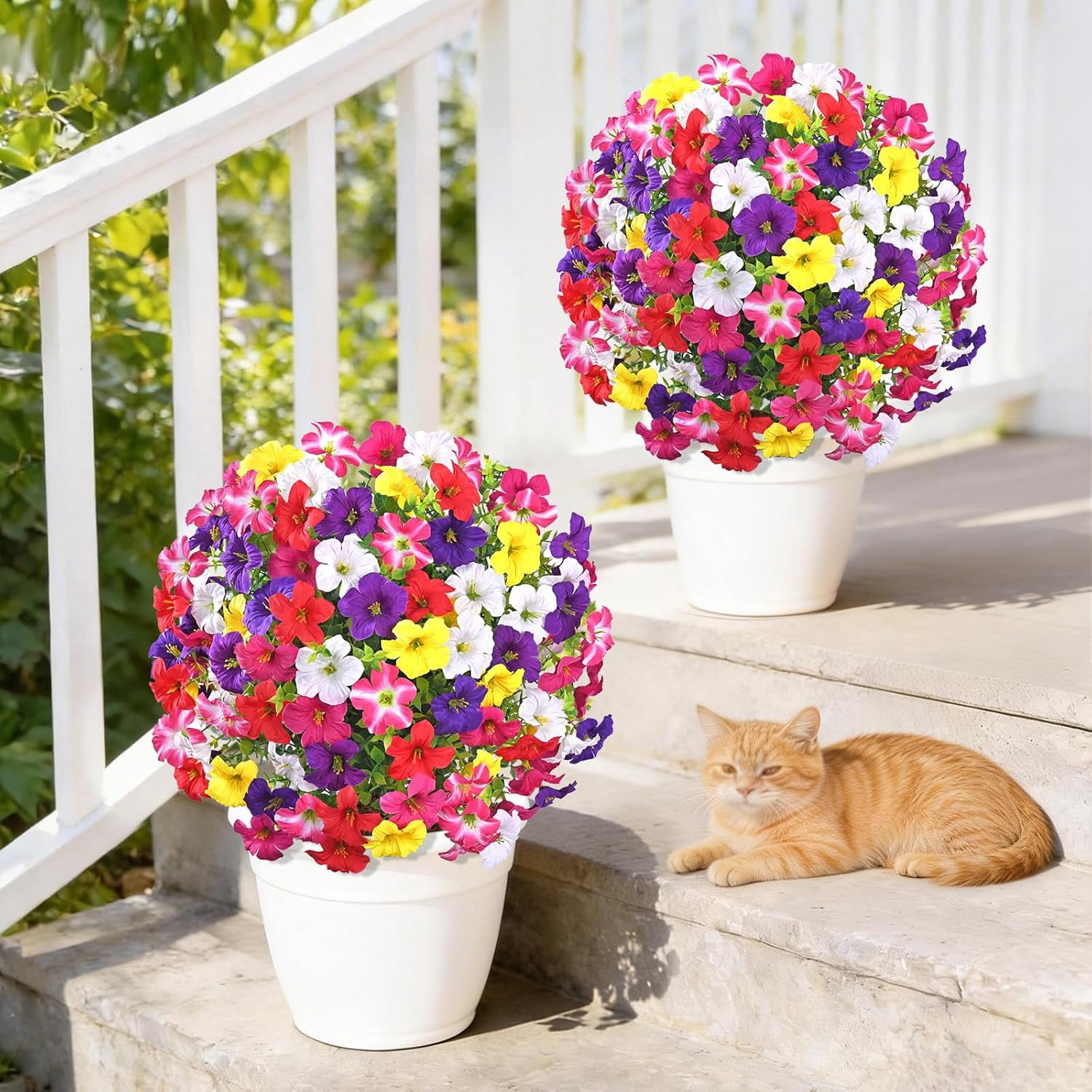 Yastouay 2 Packs Artificial Flowers Topiary Balls with Ground Spikes,23 Inch Colorful UV Resistant Faux Boxwood with Petunias Flowers for Outdoor Garden Decor