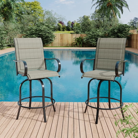 2 Pack 360 Degree Swivel Patio Bar Stools, Weather Resistant Bar Height Tall Chairs with High Back and Armrests for Outdoor Garden Deck Backyard
