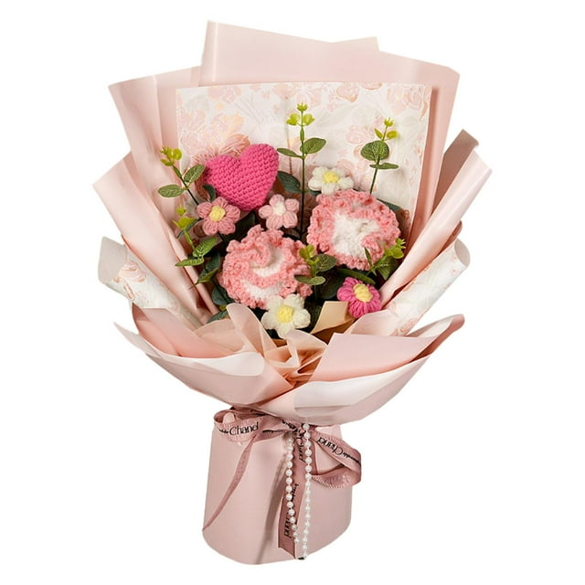 Ramo de clavel de ganchillo, ramo de flores de punto, decoración de primavera hecha a mano, bendición eterna completada para el regalo del Día de las rosa