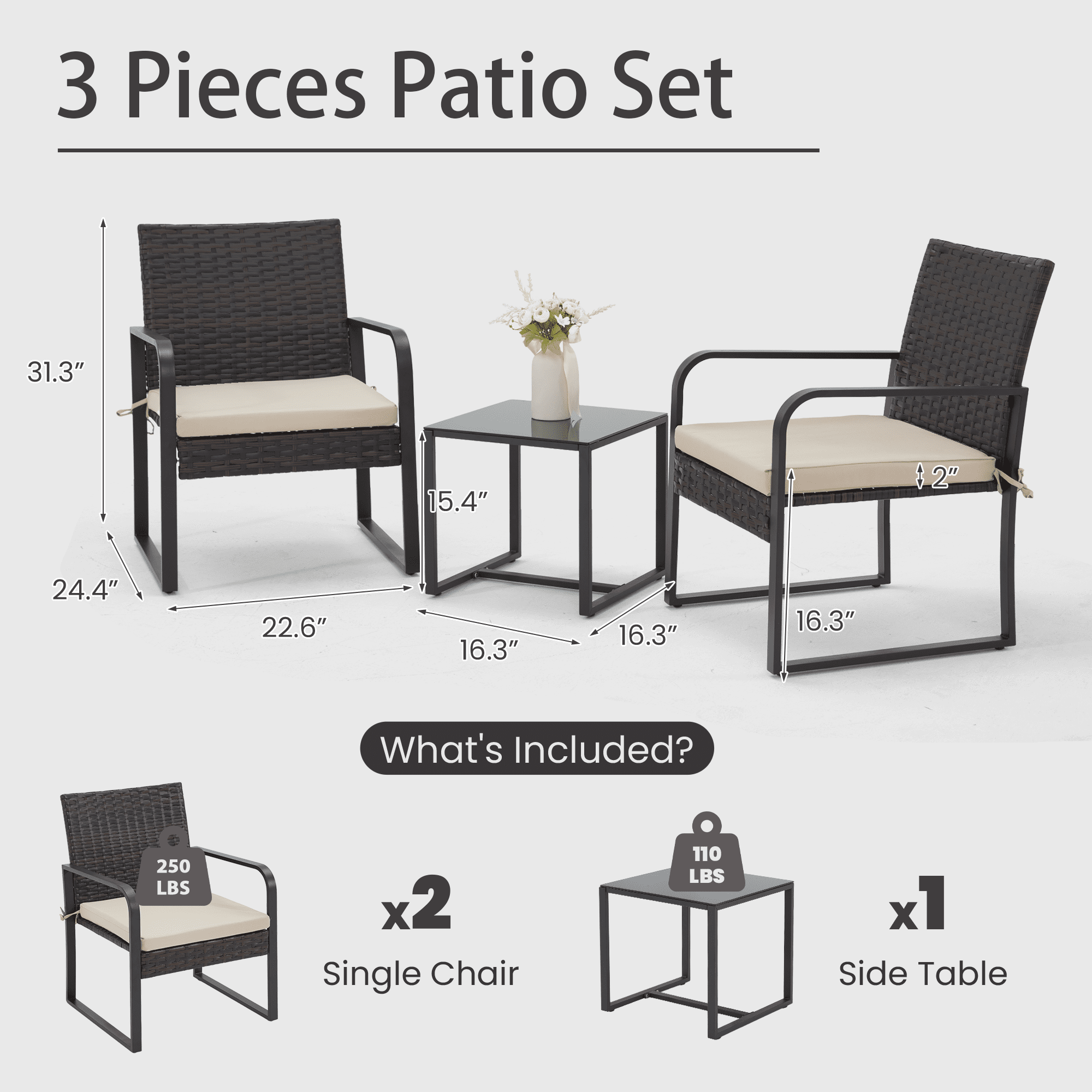 Bezseller 3-Piece Patio Bistro Set, Outdoor Rattan Furniture Patio Chairs with Coffee Table Conversation Set, Brown