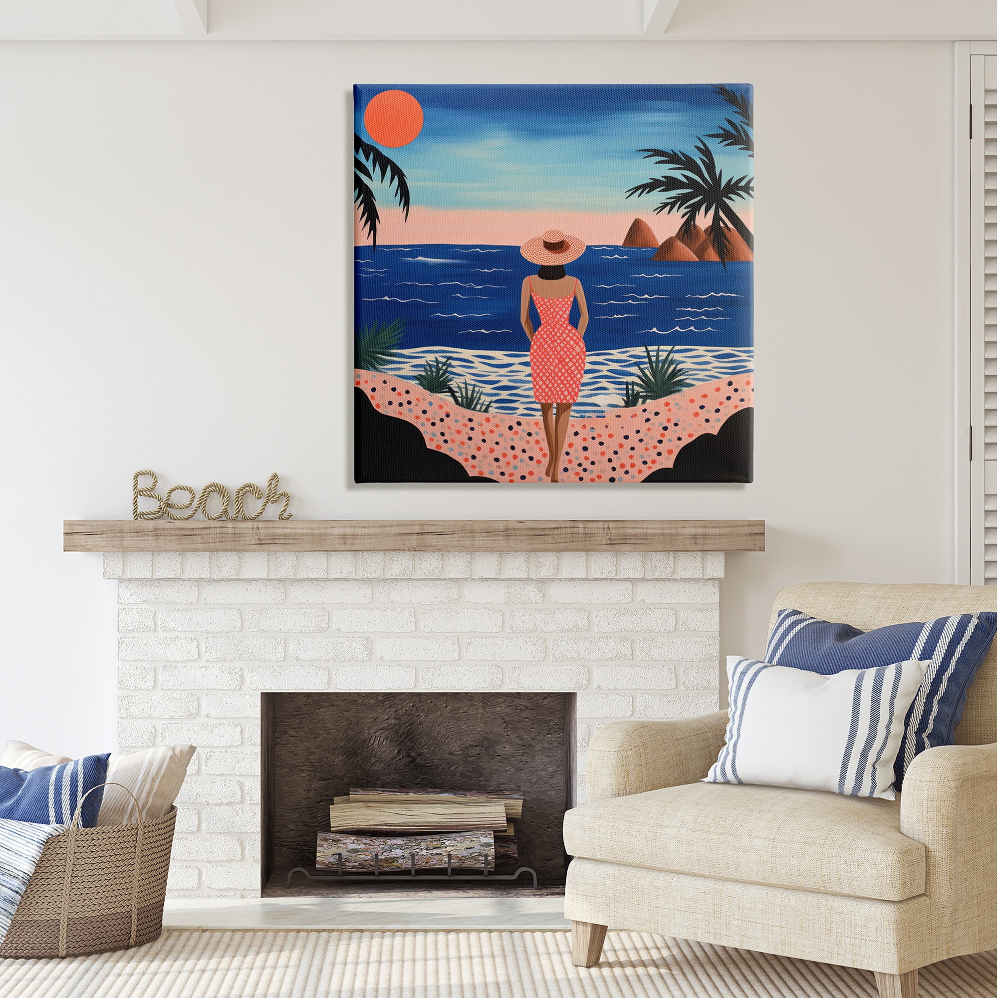 Stupell Industries Girl on Sunset Beach Landscape Painting Gallery Wrapped Canvas Art Print Wall Art, 36 x 36