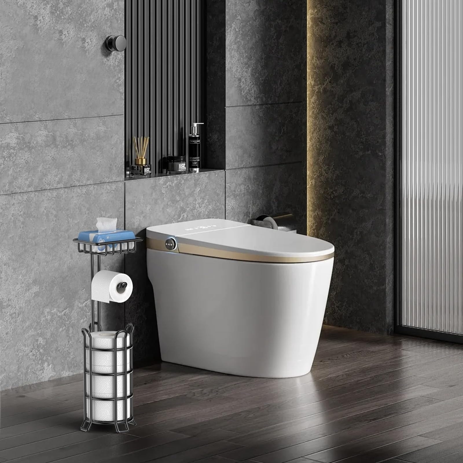 Toilet Paper Holder Toilet Paper Stand and Dispenser for 3 Spare Rolls Metal Wire Free-Standing Toilet Tissue Paper Roll Storage Shelf Bathroom Accessories Storage Organizer Black