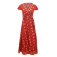 thumbnail image 1 of snowsong Robes Décontractées pour Femmes Robes d'Été Décontractées Col en V Imprimé Floral Taille Haute Ceinture Manches Courtes Ourlet Fendu Robe d'Automne Robe Femme Rouge Pastèque TTG, 1 of 5