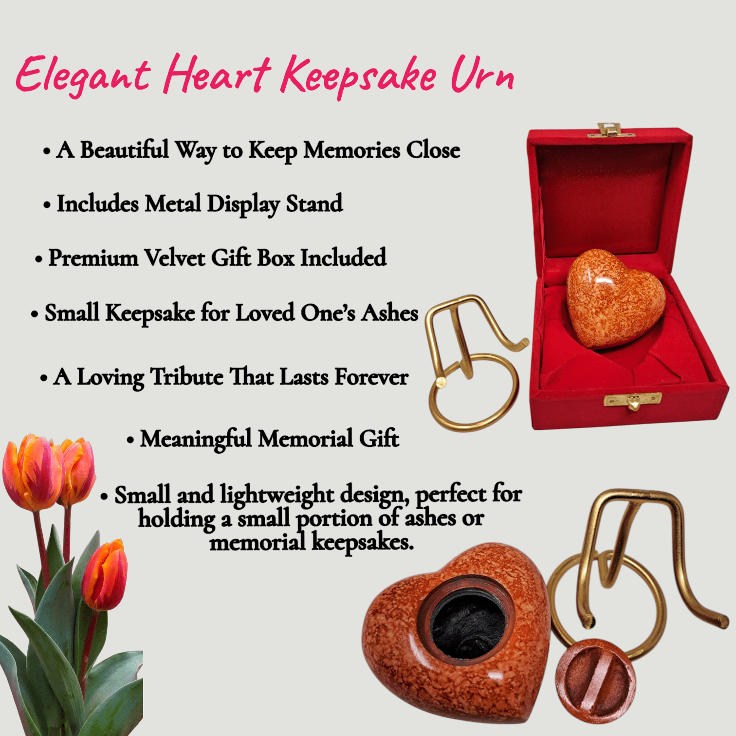 SMIURNS Custom Engraved Heart-Shaped Orange Speckled Memorial Urn Keepsake Cremation Urn for Human or Pet Ashes - Includes Gold Display Stand and Red Velvet Gift Box