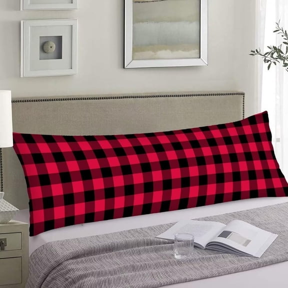 Buffalo Check Plaid Body Pillow Cover Farmhouse Rustic Patch Woodland Checkered Plaids Red and Black Long Pillow Case Protector with Zipper Rectangle Soft Pillow Cases Covers for Bedroom 20"x54"