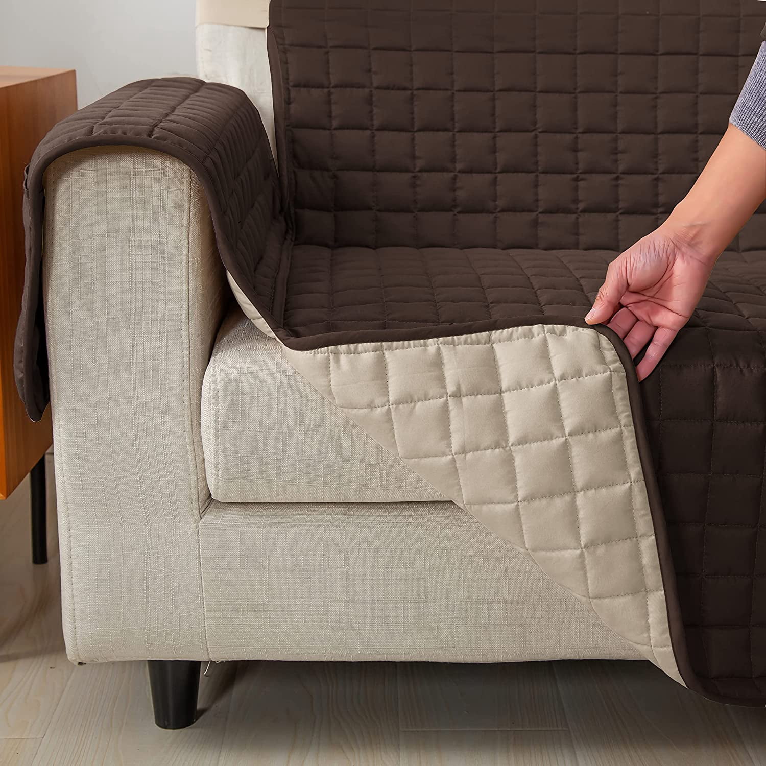 Elegant Comfort Quilted Furniture Protectors Solid and Printed Design Reversible Slipcovers Featuring Elastic Straps and Smart Pockets Great for Pets,Wing Chair Chocolate/Cream