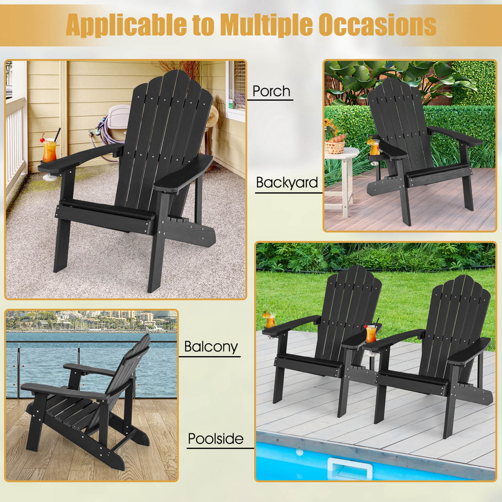 Costway Adirondack Chair HIPS Adirondack Chair with Cup Holder & Cushion Black