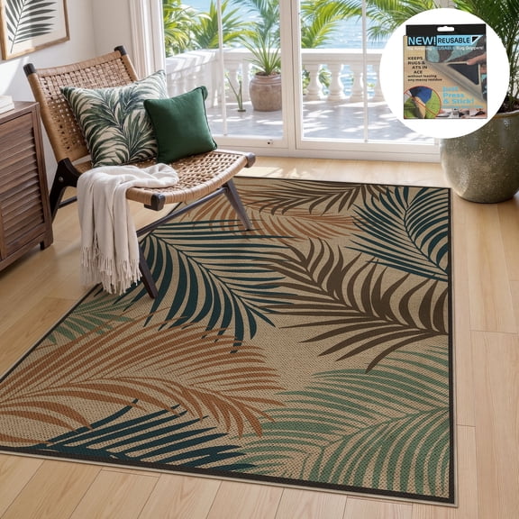 Fnova Tropical Palm Leaf Area Rug, 3'x5' Machine Washable Non Slip Indoor Outdoor Rug for Living Room Bedroom Kitchen Patio, Low Pile Carpet