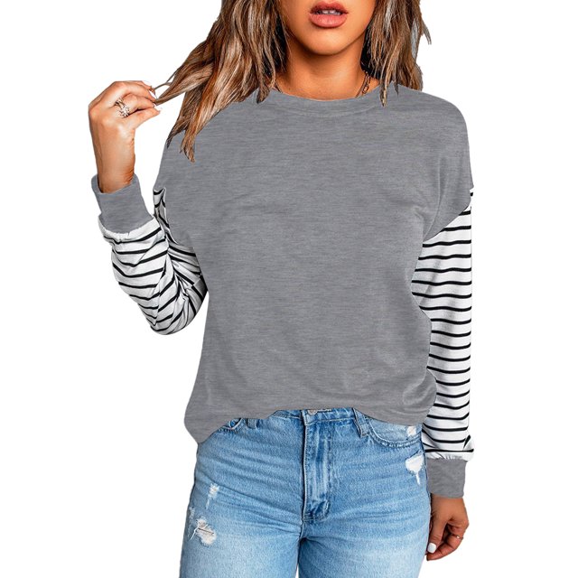 Blusa de mujer Cuello redondo Costuras a rayas Hombro caído Manga larga Blusa de ajuste casual para otoño Gris M