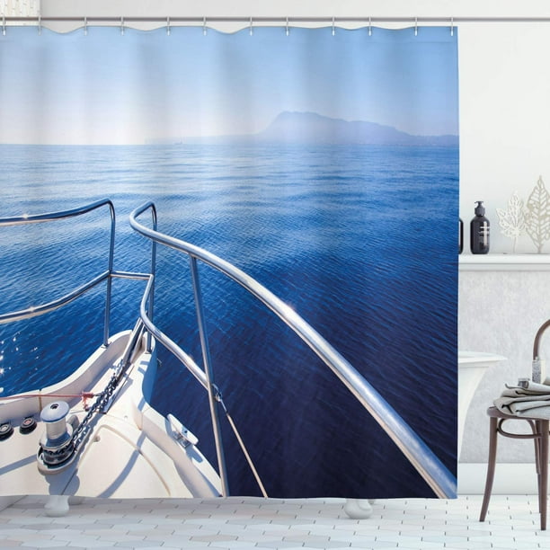 Navy Shower Curtain, Boat Show Ocean Sea Life with Ship Yacht Landscape