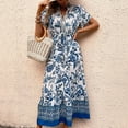 thumbnail image 6 of Women's Plus Size Boho Casual Dress Floral Short Sleeve Shirred Square Neck Maxi Dress-Blue, 6 of 6