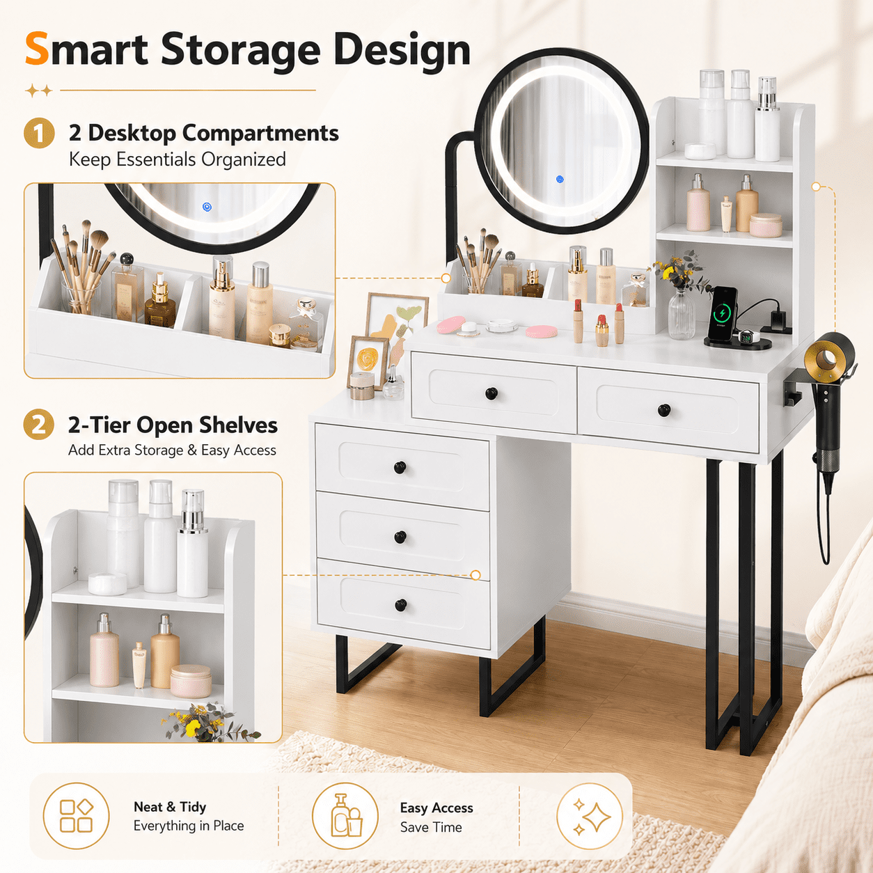 Zimtown Vanity Desk with Round Mirror, Makeup Vanity with Adjustable Lights & Large Drawers, Vanity Table for Bedroom Dressing Room, White & Black