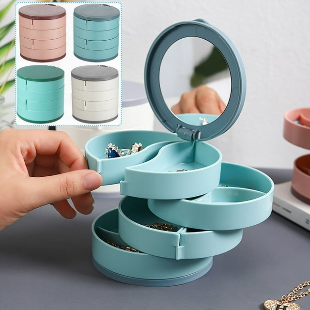 Xihbxyly Caja Giratoria para Pendientes, Visualización de 360 Grados, Almacenamiento Multicompartimento, Interior de Terciopelo Suave, Diseño Compacto, Organizador de Joyas, Ideal para Viajes, Opcion