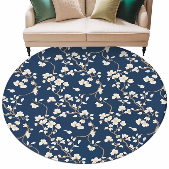 Round Rugs 5 Ft, Botanical Flower Non Slip Area Rugs for Kitchen Bedroom Entryway, Vintage Garden Floral Wildflower Blue Washable Carpet Runner Rug Floor Mats for Bedroom Home Decor