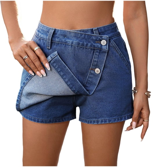 RYRJJ Denim Skorts for Woman High Waisted Button Front Jean Shorts Summer Wrap Stretchy Asymmetrical Hem Skirt Skorts(Blue,M)
