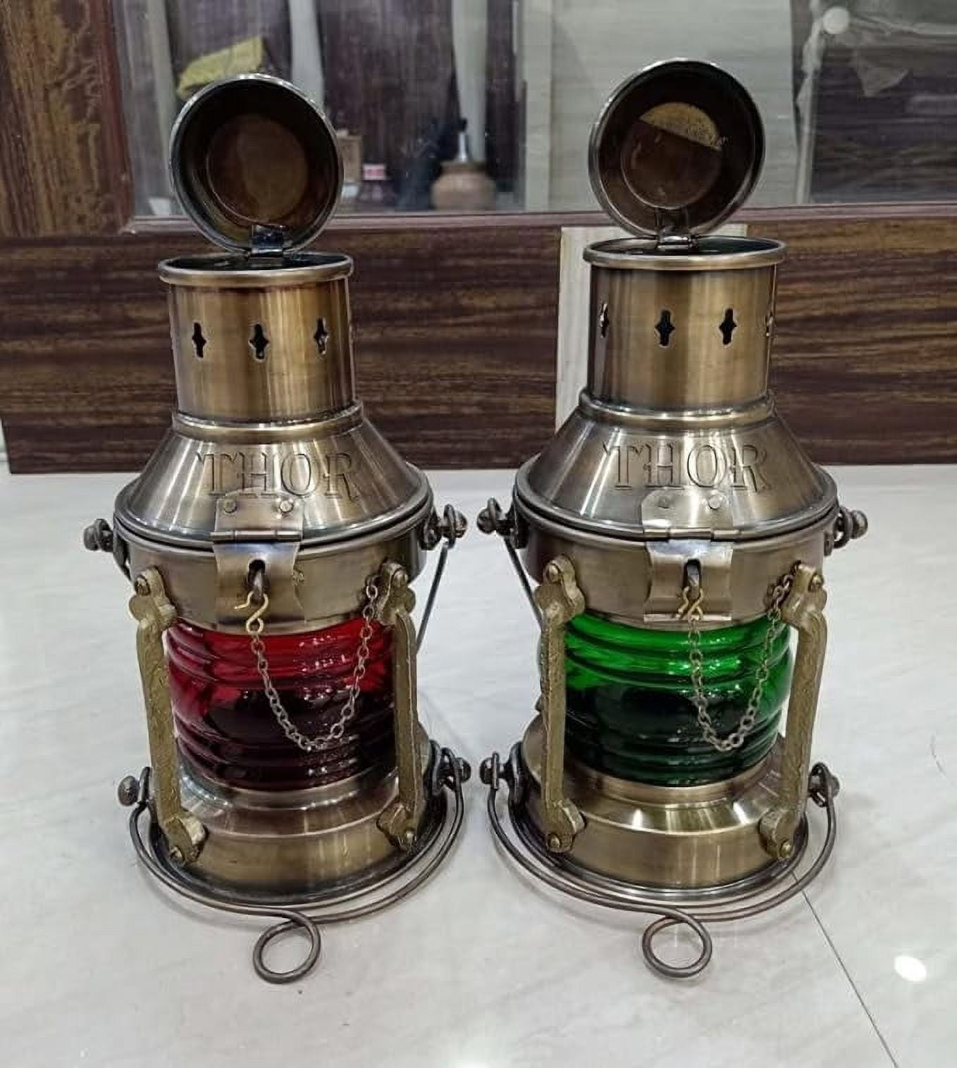 Nautical Antique Lantern Oil Lamp /Decorative Hanging Lantern /Marine Ship Lamp /Maritime Collectible Home Decor Set of 2 Rustic Vintage Home Decor Gifts