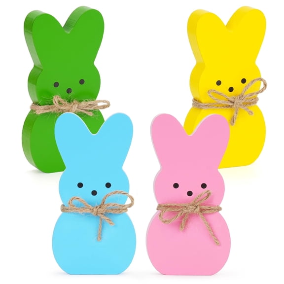 4Pcs Easter Sign Bunny Rabbit Wood Table Ornaments Set Spring Signs Centerpieces Easter Decoration for Birthday Home Office Farmhouse Gift