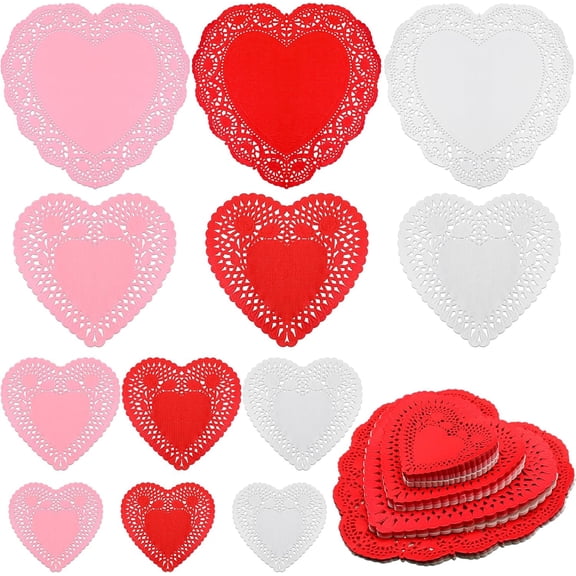 300 Pieces Valentine Heart Doilies Heart Shaped Paper Doilies Crafts Red Pink White Lace Cutouts Paper for Valentine's Day Wedding Party Decoration
