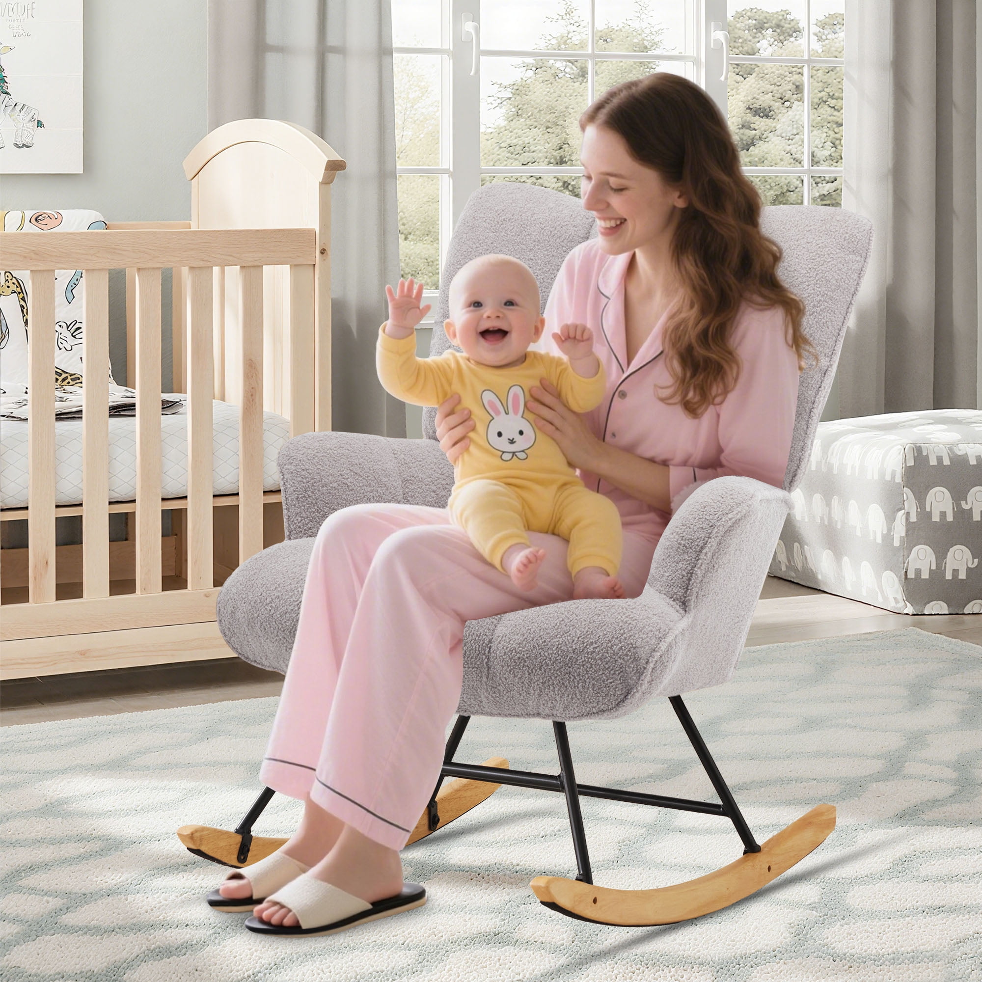 SAETSFEG Nursery Rocking Chair Teddy, High Backrest, Comfortable Stylish with Padded Seat for Living Rooms, Bedrooms, Offices, Grey