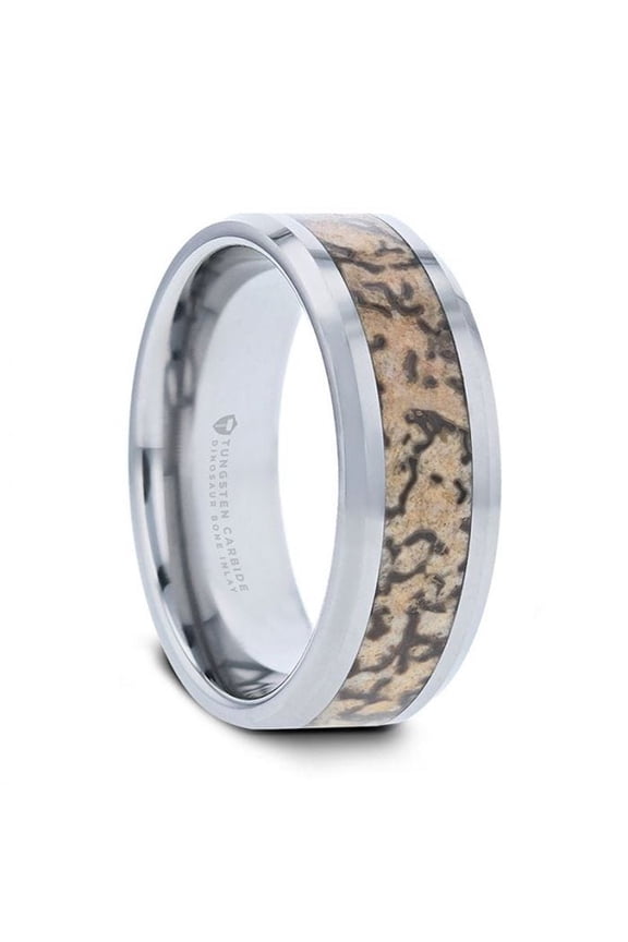 ORDOVICIAN Dinosaur Bone Inlaid Tungsten Carbide Beveled Edged Ring - 4mm or 8mm