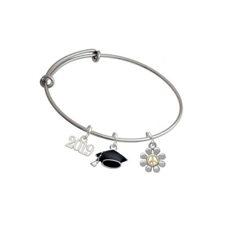 - Two-tone Small Daisy with Peace Sign - 2019 Graduation Charm Bangle Bracelet