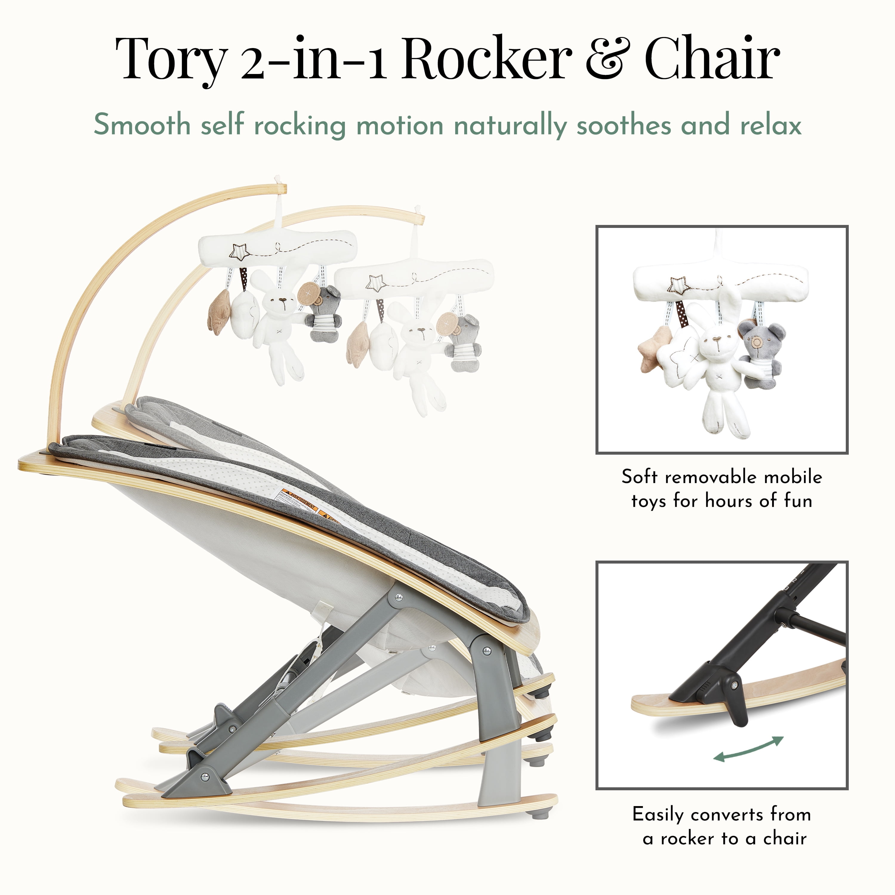 Evolur Tory 2-in-1 Rocker & Chair, Gray