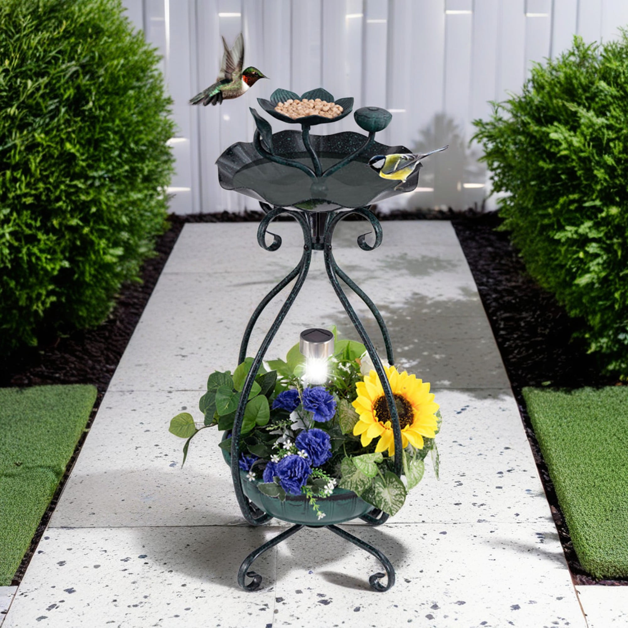 resenkos 31" Outdoor Garden Bird Bath with Solar Light, Flower Planter Pedestal, Backyard Bird Feeder and Flower Planter, Green