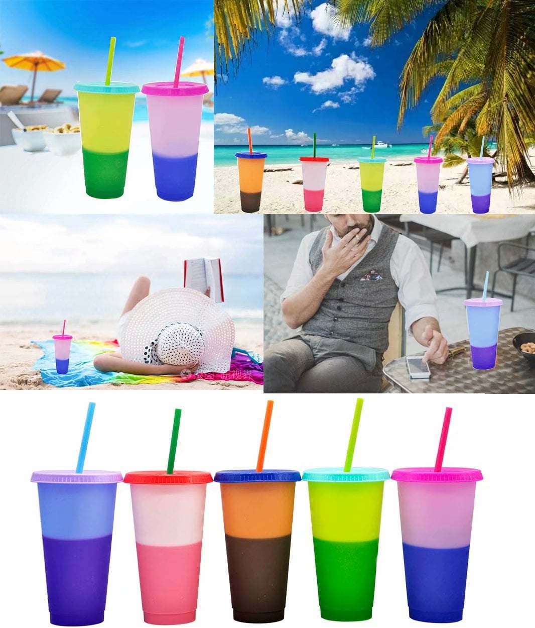 5 Pack Color Changing Cups with Straw Set, 24oz Cold Water Cups, Summer