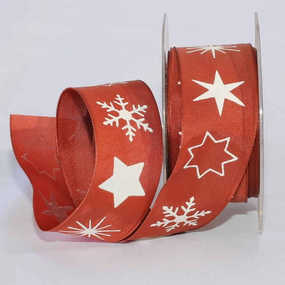 The Ribbon People Brown and White Stars with Snowflakes Wired Craft Ribbon 1.375" x 20 Yards