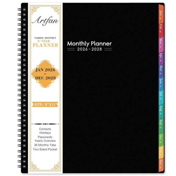 Monthly Calendar Planner 2026-2028, 3 Year Organizer with Coated Tabs, Spiral Binding, Contact Pages, Yearly Overview, 9" x 11" Size - Black