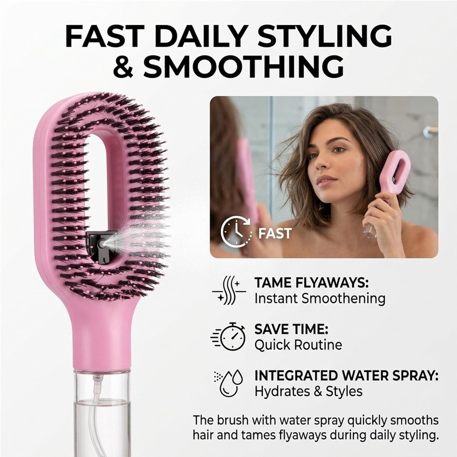 Hair Brush with Water Spray, 2-in-1 Detangling Spray Brush for Wet & Dry Hair, Hydrating Hairbrush Mister, Straight & Curly Hair Styling Comb (Black)