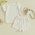 thumbnail image 2 of AJTQTH 2PC Set for Toddler Summer Casual Waffle Knitted Clothes Short Sleeve Crewneck Tees Tops Tshirts Elastic Loose Fit Shorts with Pockets Girls Boys Outfits White 12 Months, 2 of 4