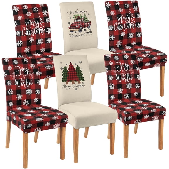 Christmas Chair Covers Set of 6 Red Buffalo Plaid Christmas Tree Truck Dining Chair Seat Cover Stretch Removable Xmas Chair Slipcover Protector for Xmas Dining Room Kitchen Home Decor