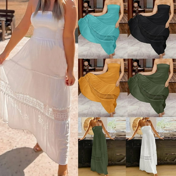 Jacenvly New Casual Summer Dresses for Women Summer Beach Tube Top Sleeveless Solid Lace Dress Lightweight Loose Dresses for Women White