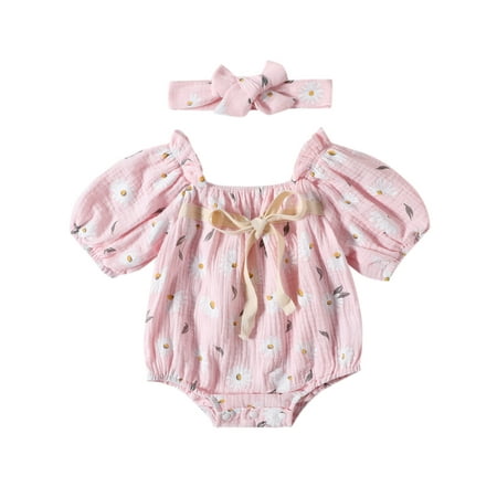 

Wallarenear Baby Girl Romper Floral Jumpsuit Summer Tie-up Front Playsuits with Headband