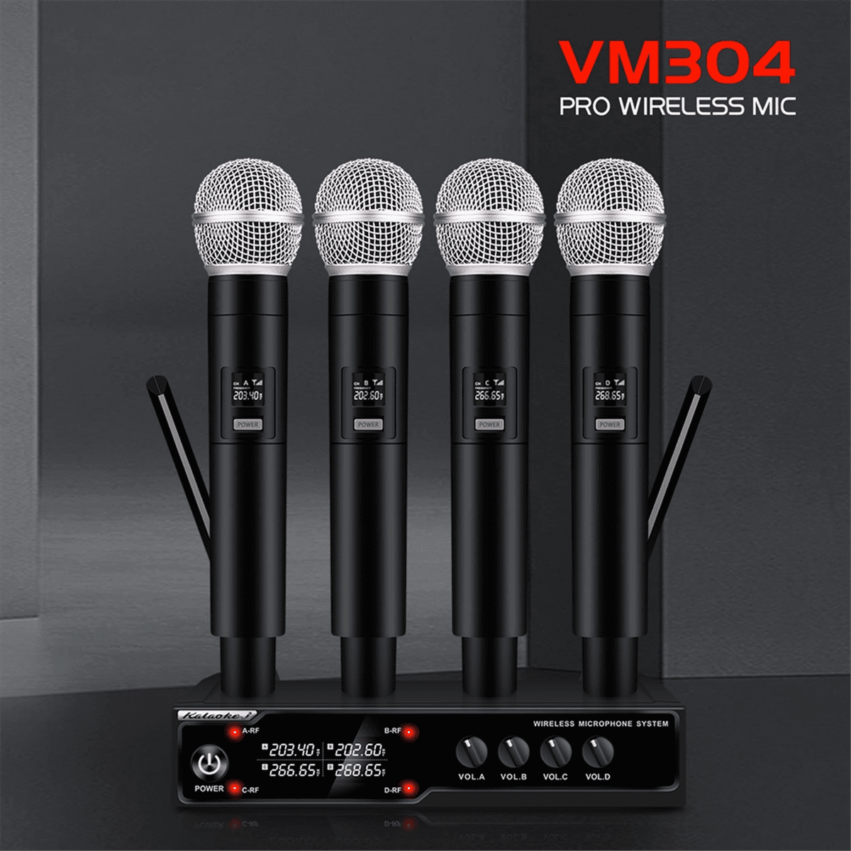 VM304 Audio 4-Channel Wireless Microphone System Handheld Mic 80M Range for Karaoke Speech Singing Portable Set US Plug