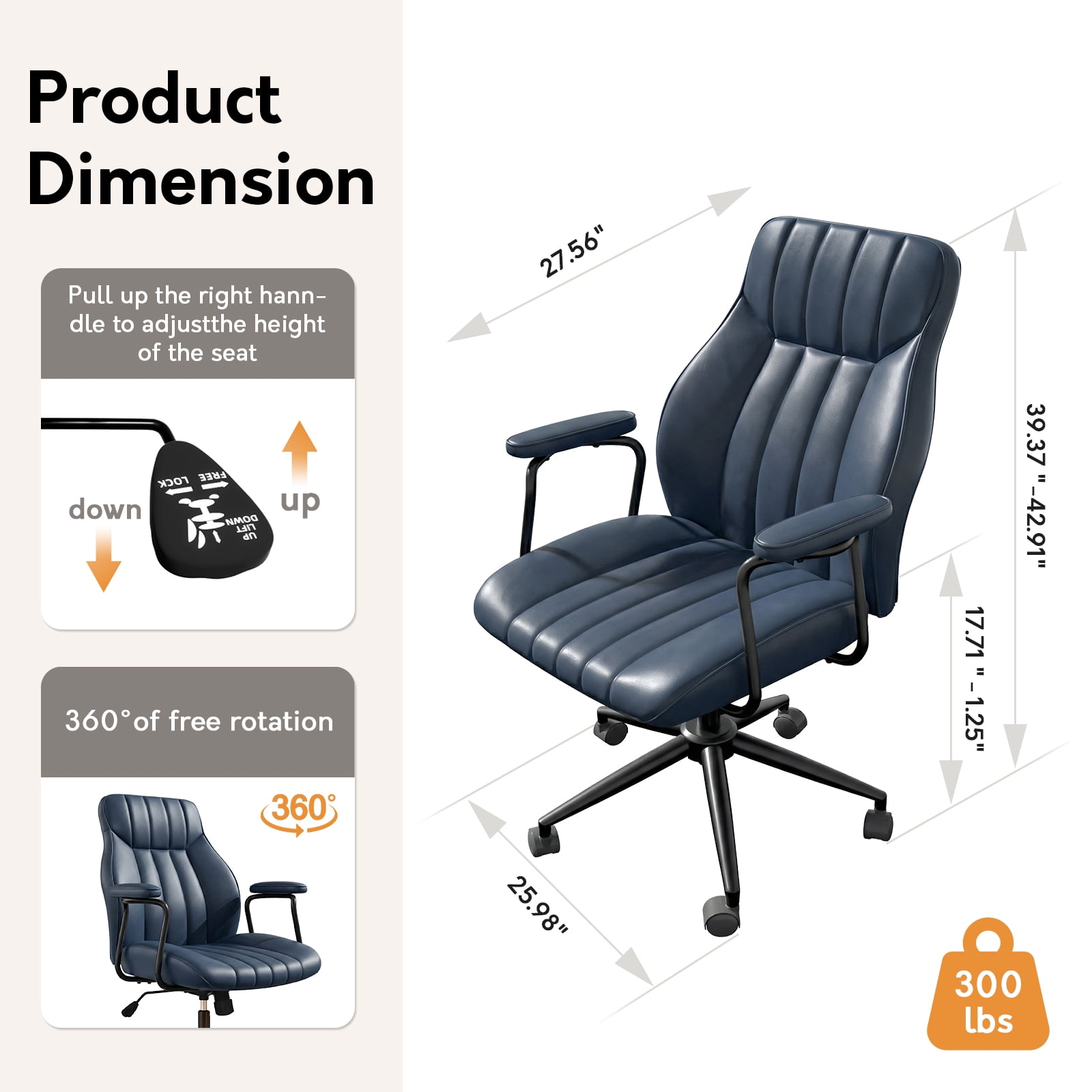 HomeZeer Executive Office Chair, Leather Desk Chairs with Wheels, Ergonomic Desk Chair with Arms, Mid Century Modern Reclining Computer Task Home Chair with Lumbar Support, Blue
