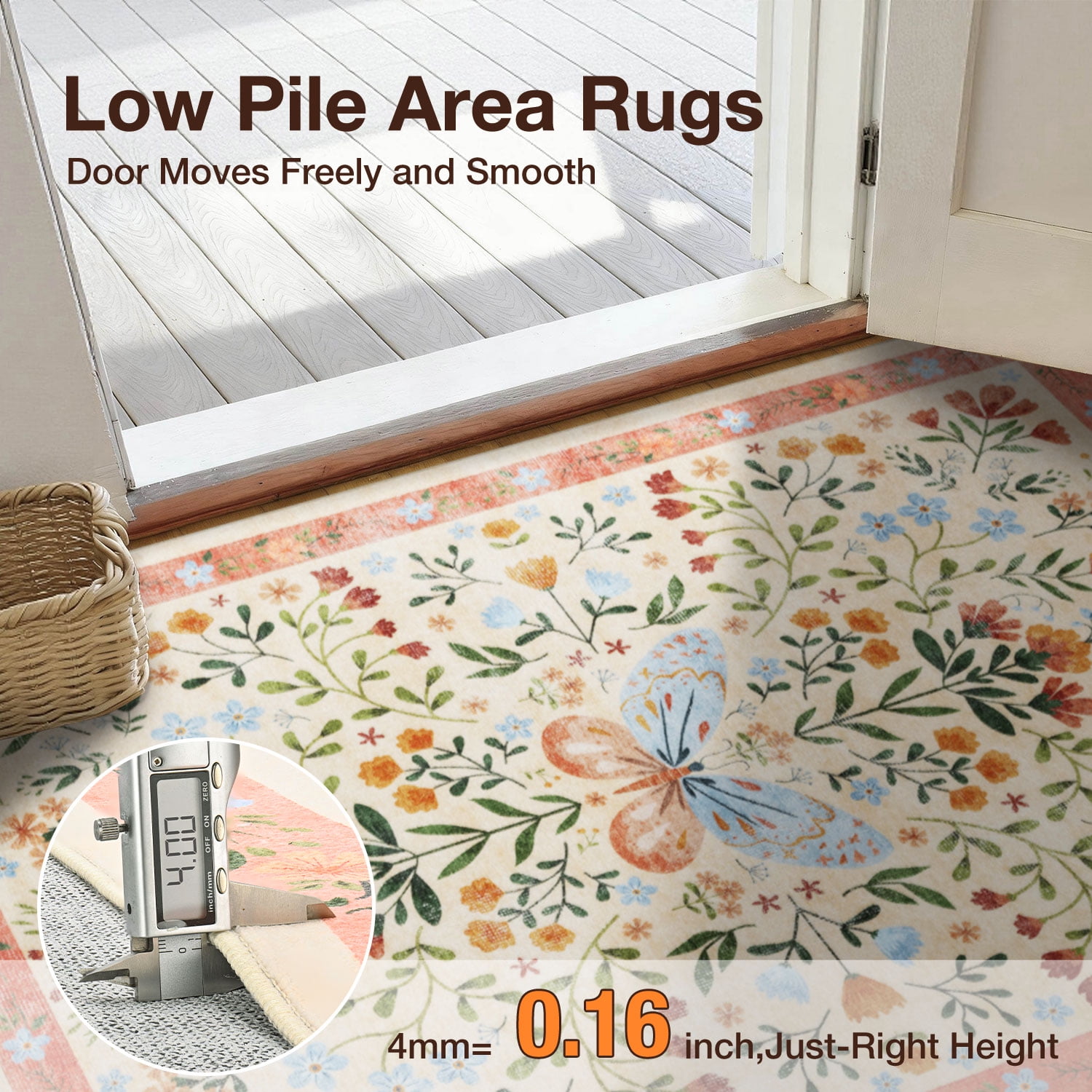 6'x9' Washable Area Rugs for Living Room, Socomw Vintage Orange Floral Washable Indoor Rug, Non-Slip Soft Low Pile Carpet for Bedroom, Dining Room