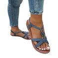 thumbnail image 2 of Women's Denim Sandals Boho Roman Strappy Slides Elastic Ankle Strap Jean Shoes Beach Vacation Summer Flats, 36, 2 of 9